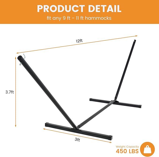 Lazy Daze Hammocks Portable 2 Person Heavy Duty Steel 12 FT Hammock Stand with Hooks and Chains for Outside, Patio, Backyard, 450 Pounds Capacity, Black