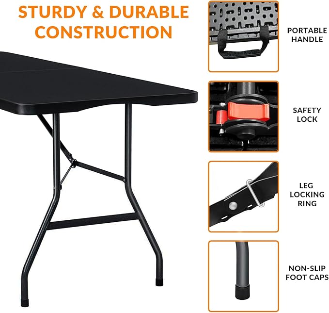 Lakhow Folding Table 6ft Heavy Duty Portable Table Indoor Outdoor with Parties, Camping & BBQs, Folds in Half for Easy Storage, No Assembly Required, Black