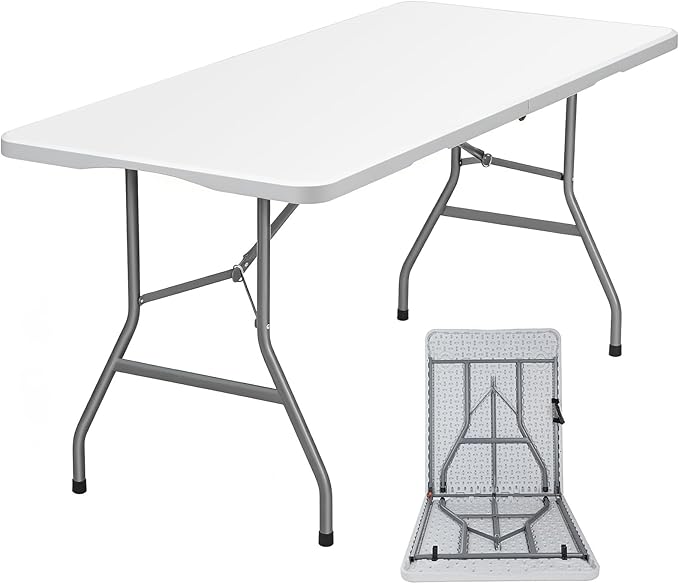 Lakhow Folding Table 6ft Heavy Duty Portable Table Indoor Outdoor with Parties, Camping & BBQs, Folds in Half for Easy Storage, No Assembly Required, White