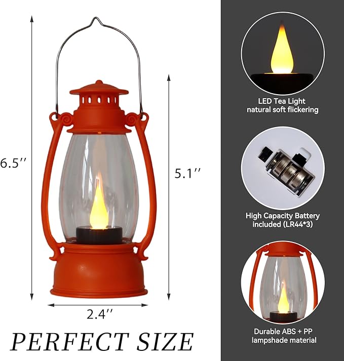 6Pcs Orange Mini Lanterns for Western Cowboy Party & Camping Decor, Small Western Lantern with LED Flickering Candle for Fall Halloween Christmas Wedding Festive Decorations, Centerpiece Table