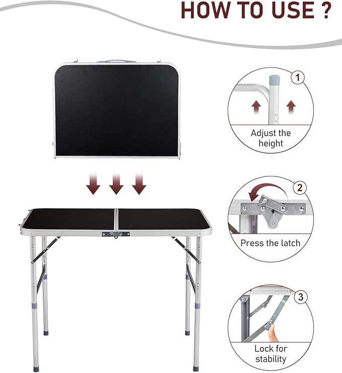 Outvita 3ft Portable Folding Camping Table, Outdoor Waterproof Adjustable Height Table, Aluminum Lightweight Suitcase Foldable Table for Picnic BBQ Beach Dining