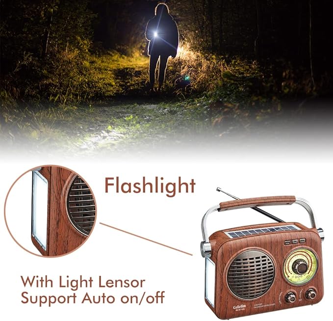 Gelielim Radios Portable AM FM SW,Vintage Radio Bluetooth Speaker with Crystal Clear Sound, Rechargeable Battery Powered, Retro Small Radio with Solar Panel & Flashlight, Gifts for Seniors Elderly