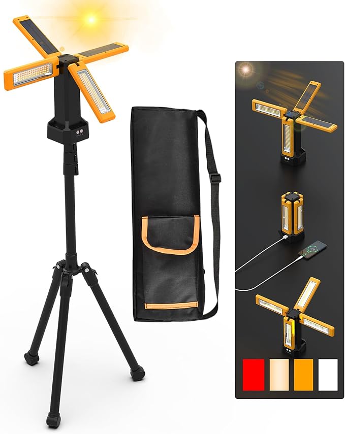 13200mAh Rechargeable Solar Work Light with Folding Stand and Carrying Bag, AODOO 8000 Lumen Stepless Dimmable , White/Warm/Nature White/RED(SOS) with Detachable Tripod (Orange)