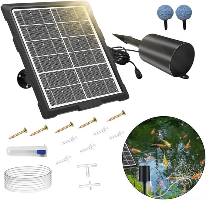 Solar Powered Pond Oxygen Pump with Quiet Motor and Energy Storage Provides Adjustable Oxygen Supply to Promote Healthy Water Life and Fish Survival