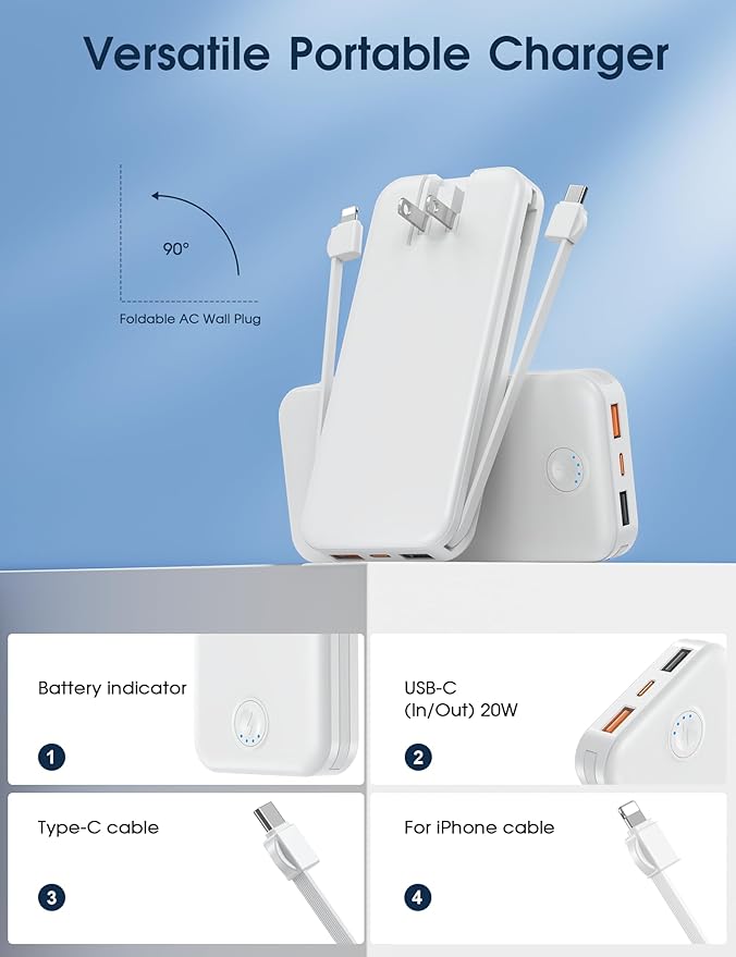Nusyddy Portable Charger, 10000mAh PD20W Fast Charging Power Bank with Built-in Cables & Wall Plug, Travel Essentials External Battery Pack, USB C Battery Phone Charger for iPhone, iPad, Samsung White