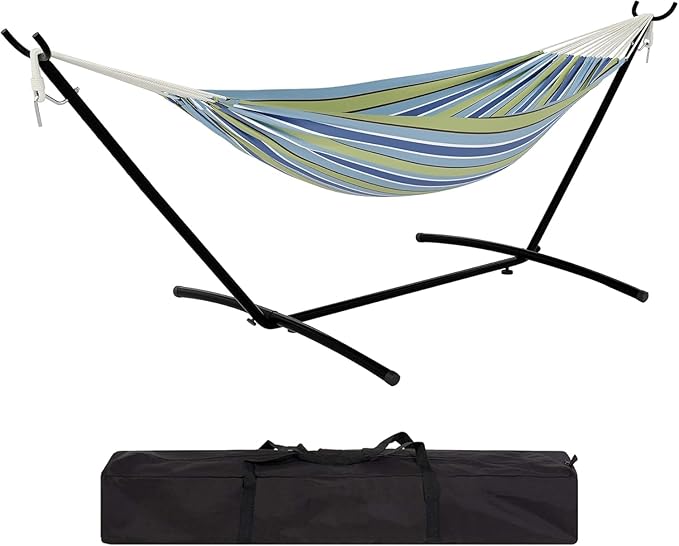 TrailBlaze Double Person Heavy Duty Hammock with Space-Saving Steel Stand, 450lb Capacity, Portable Carrying Case, Premium Balance Beams, Indoor/Outdoor Use - Blue and Green Stripes
