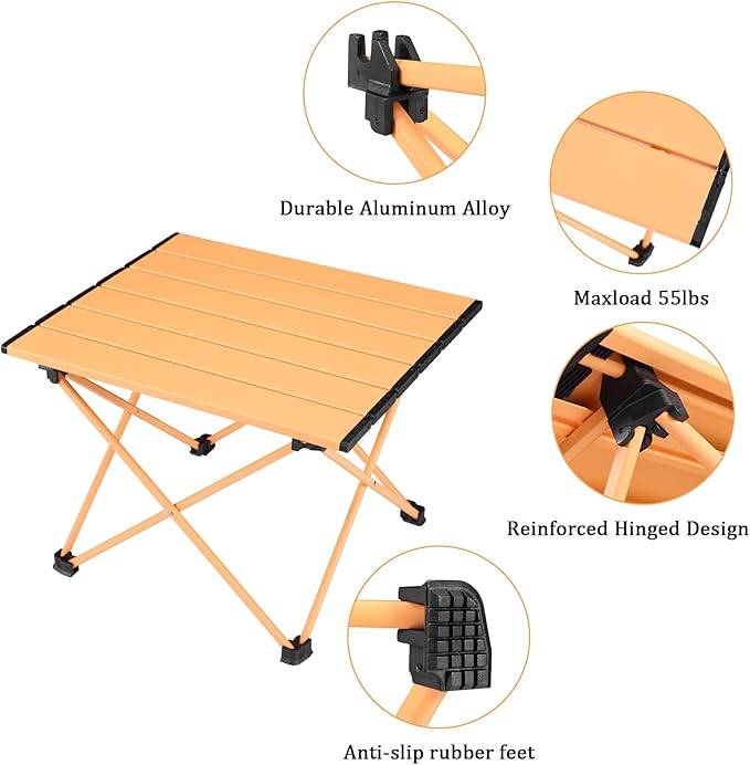 Tesouro Portable Camping Table,Folding Side Table Aluminum Top for Outdoor Cooking, Hiking, Travel, Picnic (Apricot-Medium)