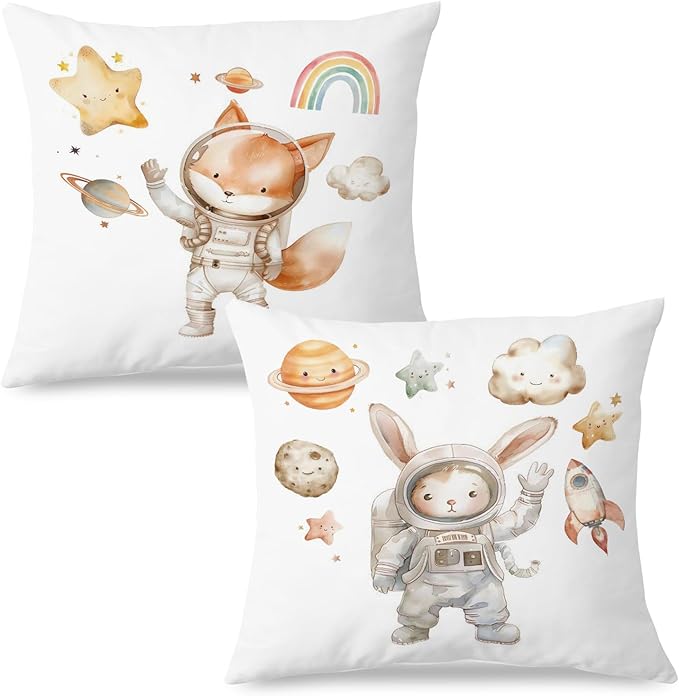 SPBL&L Fox Bunny Astronaut Nursery Pillow Covers 18x18 Set of 2, Space Nursery Decor, Space Planets Cosmic Animal Decorative Throw Pillow Covers for Kids Boys Girls Room Playroom