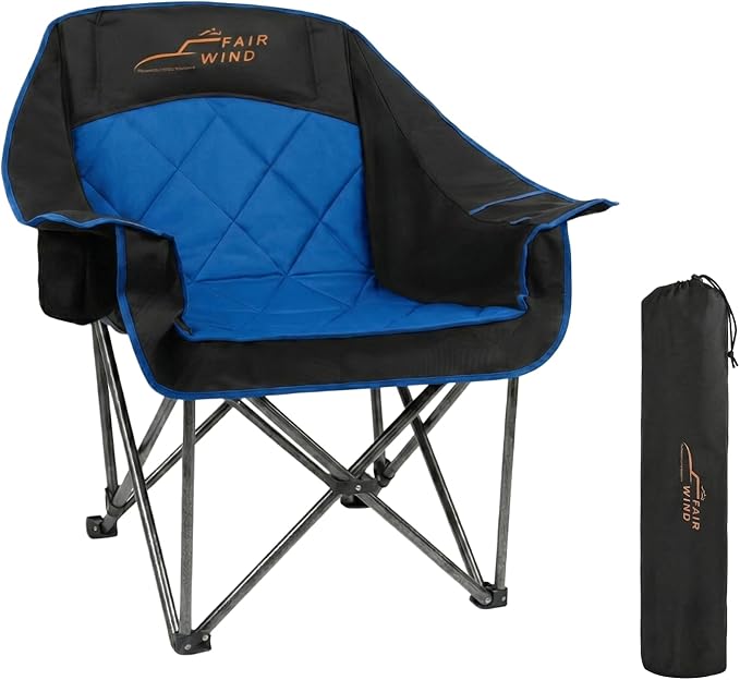 FAIR WIND Oversized Padded Camping Chair Heavy Duty Quad Fold Arm Chair Portable for Outdoor - Support 500LBS, Blue