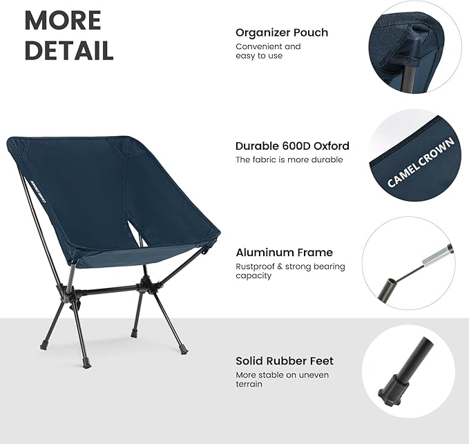 CAMEL CROWN Portable Camping Chair Folding Compact Lawn Lightweight Backpacking Chair with Carry Bag for Outdoor Hiking Beach Travel Picnic Festival Navy Blue