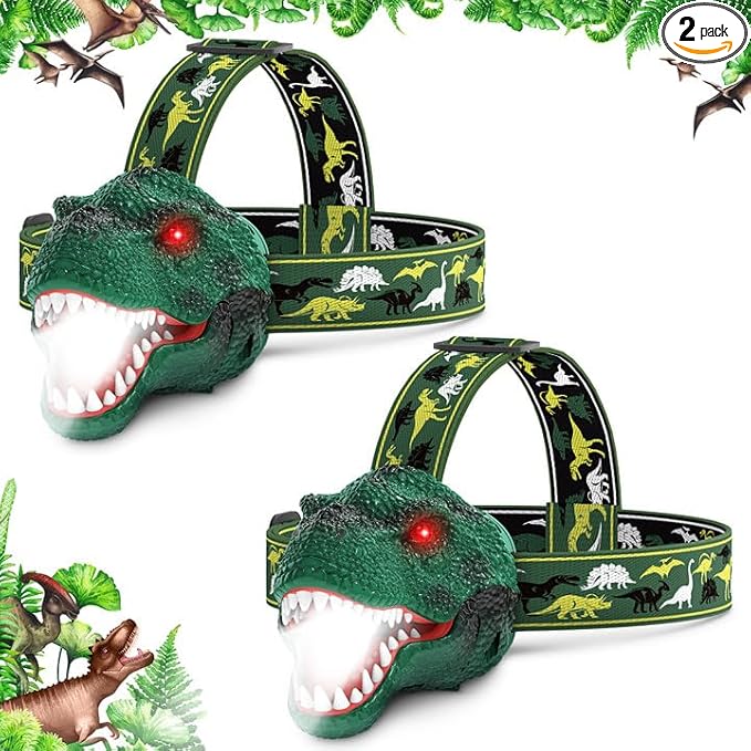 Dysaim Kids Headlamp,Rechargeable T-Rex Dinosaur Headlamp for Kid and LED Head Lamp Camping Gear Flashlight,Hiking Accessories Headlight Toys,Four Light Modes Suitable for Reading/Party Gift(2 Pack)