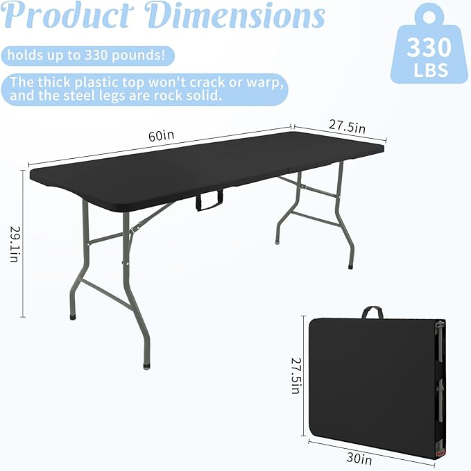 Fivenl 5 Feet Portable Folding Table Black, Steel Legs Fold-in-Half with Carrying Handle Rectangular Plastic Foldable Table for Party, Wedding, Camping, Picnic, Dining, Indoor Outdoor Events