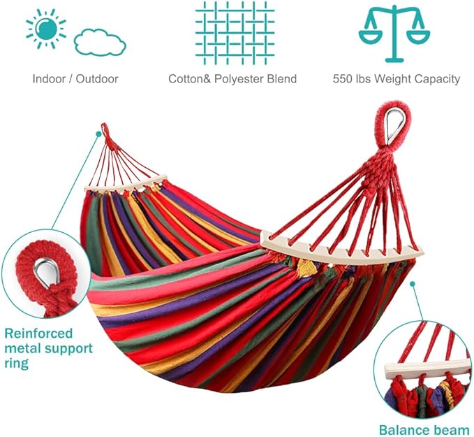 MOSFiATA Hammocks Portable Camping Hammock Upgraded 550lb Comfortable Fabric Hammock with Two Anti Roll Balance Beam and Sturdy Tree Straps for Camping, Patio, Backyard, Outdoor