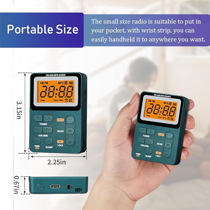Portable Radio AM FM, Rechargeable Pocket Speaker with Best Reception Digital Tuning, MP3, Stereo Earphone, Large LCD Screen, TF Card Socket, Transistor Radio for Jogging/Gym/Camping…