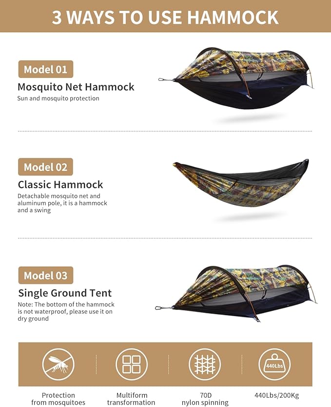 Camping Hammock Tent with Mosquito Net and Sunshade, Extra Large for 2 Person, Lightweight Hanging Hammocks Tree Straps, Bivvy Ground Tent for Outside, Hiking, and Travel