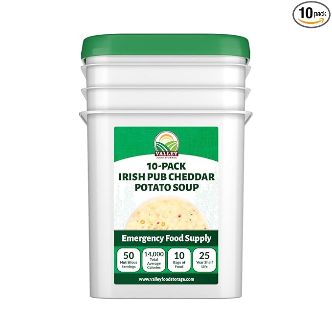 Valley Food Storage Irish Pub Cheddar Potato Soup 10-Bag Bucket, 50 Servings | Premium Non-GMO Emergency Food Supply with 25 Year Shelf Life | Survival Meals, Prepper Food, Camping & Off-Grid Supplies