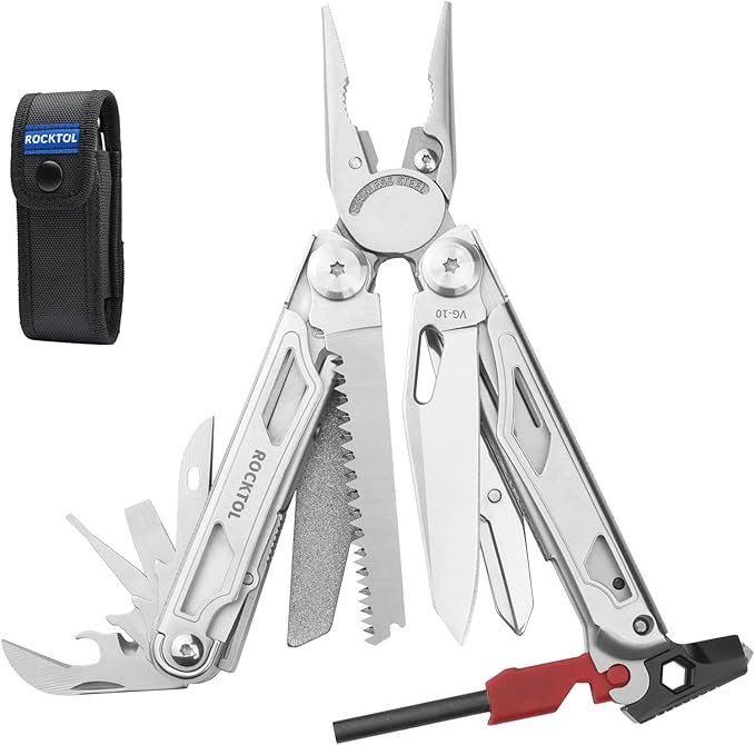 ROCKTOL Multitool SK04, VG-10 Blade, 22-in-1 Multi-tool Pliers with Fire Starter, Emergency Whistle, Glass Breaker, Safety Locking and Nylon Sheath for Survival, Camping, multi tool for men