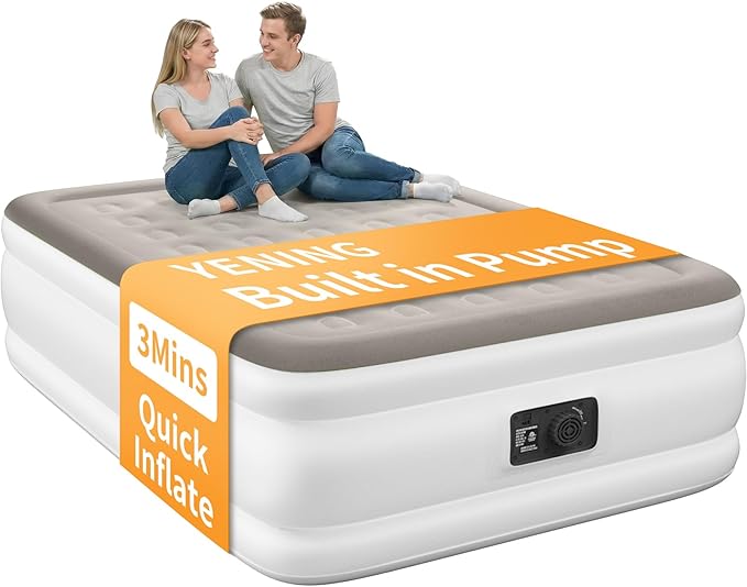 YENING Full Size Air Mattress with Built in Pump Raised Double Blow up Bed Inflatable Camping Airbed Electric 18 Inch Tall Grey