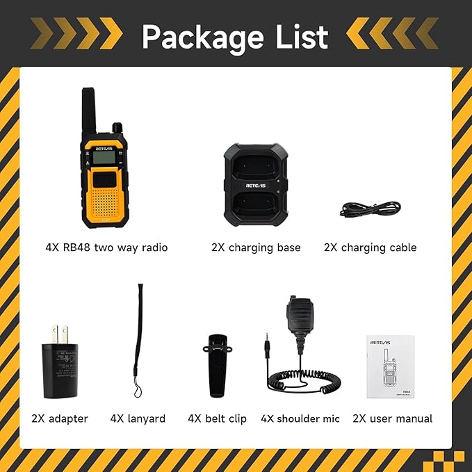 Retevis RB48 Walkie Talkies Long Range, 2 Way Radio with Shoulder Mic, IP67 Waterproof, 2000mAh, Vibration Reminder, Emergency, NOAA, Heavy Duty Two Way Radios(4 Pack)