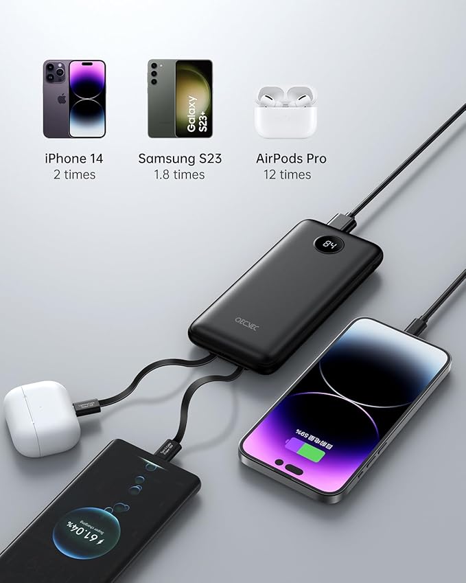 Portable Charger, 2-Pack 10000mah Power Banks, Sharing Charging Station, 15W Fast Charging Battery Pack, Portable Charger with Cords for iPhone Series, Galaxy S24/23, Pixel and More