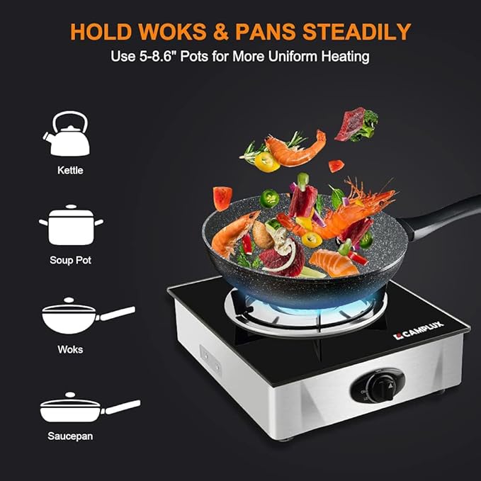 Camplux Propane Stove with Auto Ignition, Single Burner Propane Stoves 9,500 BTU, Tempered Glass Gas Cooktop