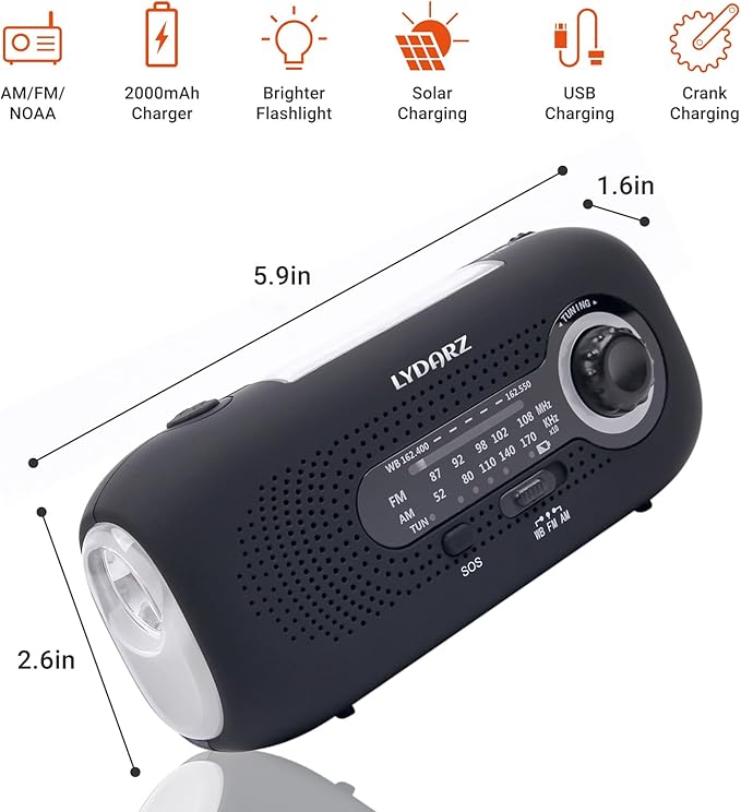Emergency Crank Weather Radio, Solar Hand Crank Portable AM/FM/NOAA, 3 Mode Flashlight, SOS for Home and Outdoor (Black)