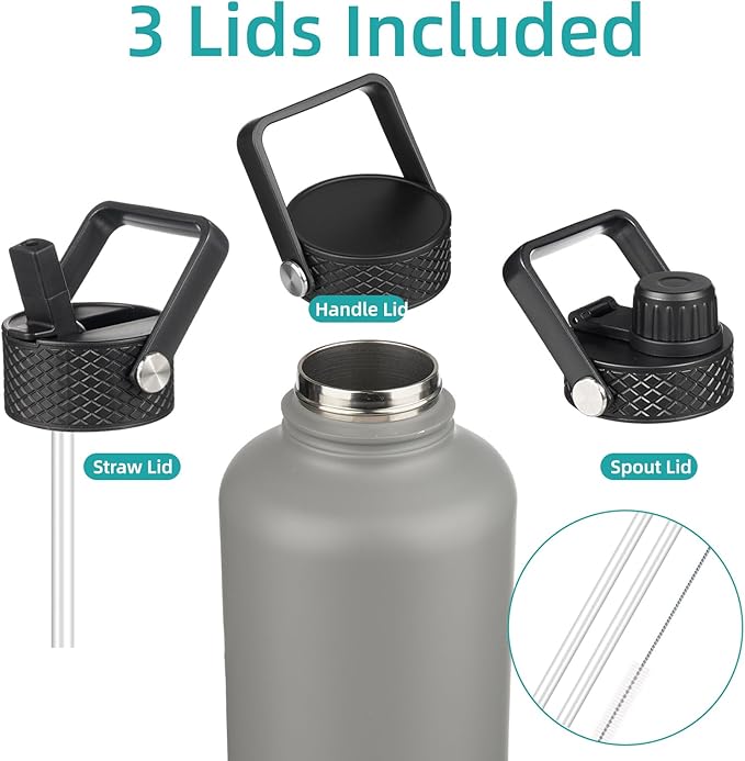 Konokyo Half Gallon Insulated Water Bottle with Straw,64 oz 3 Lids Water Jug with Carrying Bag,Paracord Handle,Double Wall Vacuum Stainless Steel Metal Flask,Gray