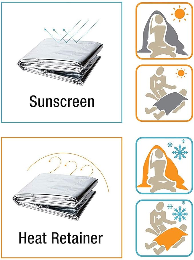Emergency Mylar Thermal Blankets, Space Blanket Survival kit Camping Blanket, Windproof & Waterproof Shield, High-Visibility Rescue Signal (Pack of 6)