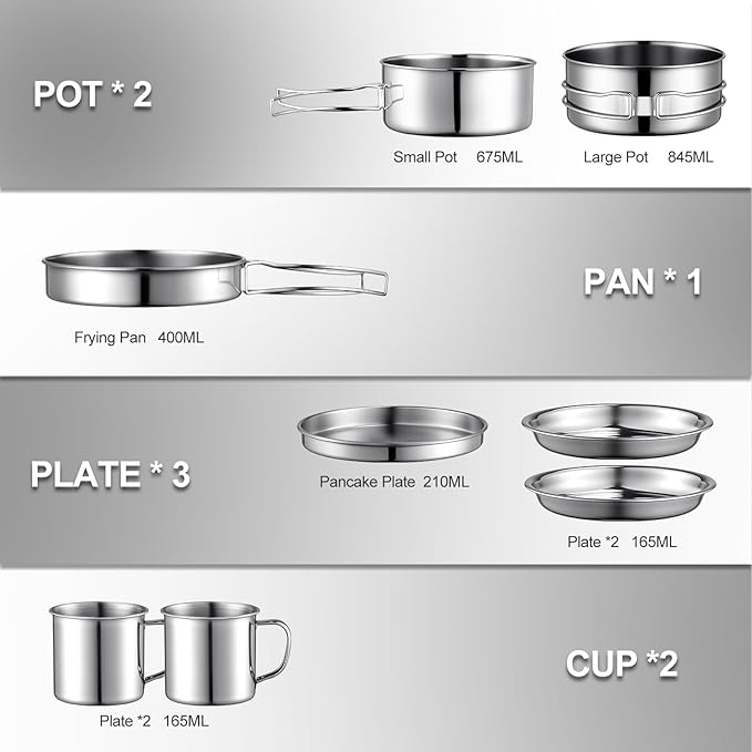 Stainless Steel Camping Cookware Mess Kit - Portable Backpacking Cooking Set with Pot/Plates/Cups & Storage Bag, Outdoor Cookware for Hiking, Picnic, Camping & Backpacking Adventures（8PCS）