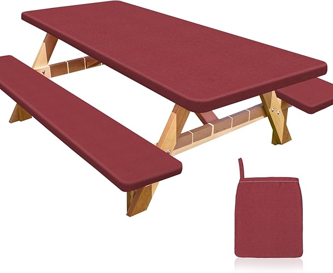 Picnic Table Cover with Bench Covers Portable Table Cloth Built-in Storage Pocket Fitted Tablecloth with Elastic Edges Waterproof Camping Essentials for Indoor Outdoor Rv,72in,Red Texture