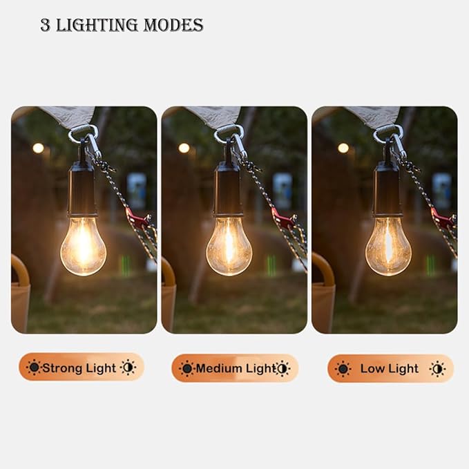 4 Pack Solar Camping Lights Hooked Tent Lamp Hanging Outdoor Camp Small Rechargeable Bulb Portable Lantern with Clip Hook 3 Lighting Modes for Hiking Backpacking Warm Light