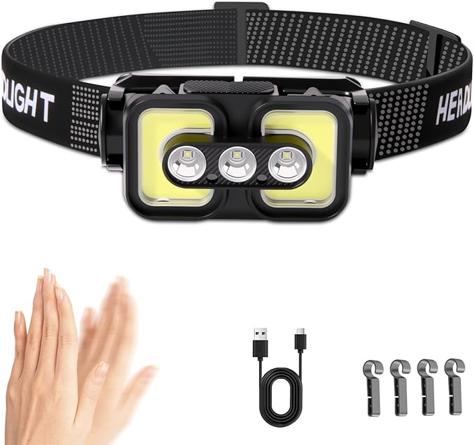 Headlamp Rechargeable with Motion Sensor Waterproof Head Lamps Led Rechargeable with Red Light 120° Adjustable for Adults Kids Outdoor Camping Running Fishing Hiking Hunting Cycling