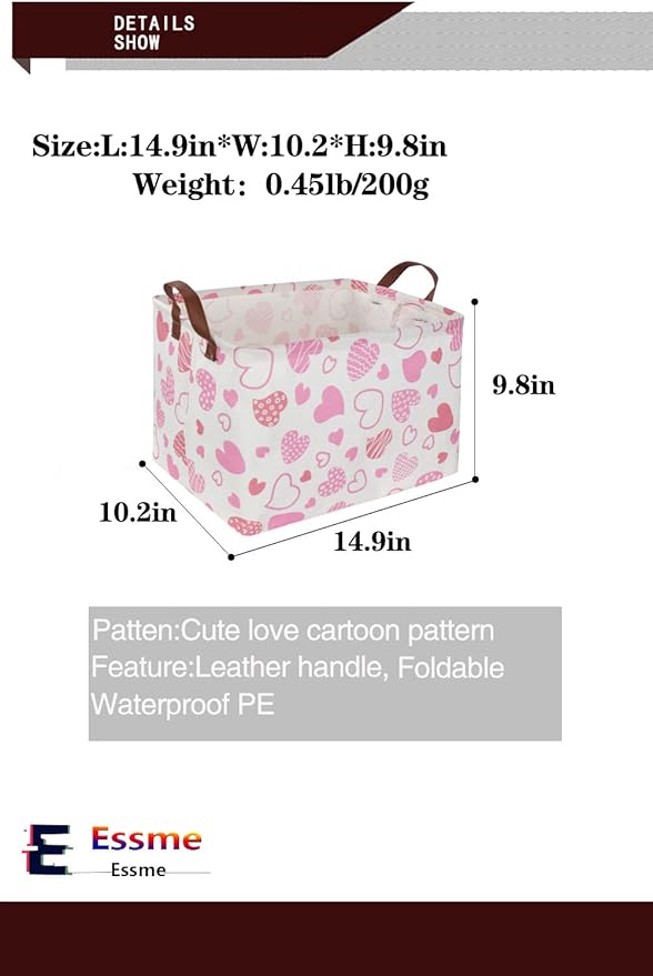 Essme Rectangular Pink Basket,Heart Storage Bins Organizer with Handles for Girls Room Decor, Heart Basket,Shelf Basket.(Pink Heart)