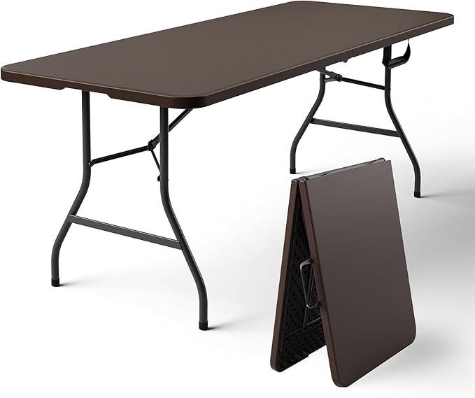 2 Pack 6ft Folding Table, Foldable Picnic Table Portable Table for Indoor Outdoor Use Heavy Duty Plastic Table Camping Table with Carry Handle for Party, BBQ, Brown