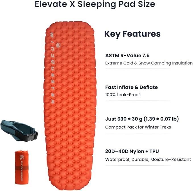 Elevate X Inflatable Sleeping Pad – 4-Season Lightweight Camping Mattress, ASTM R-Value 7.5, Durable Waterproof Nylon, Compact Backpacking Sleeping Mat for Winter Trekking & Extreme Cold