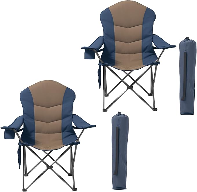 Oversized Camping Chair Heavy Duty- Portable Folding Chair, Cup Holder & Waterproof Phone Case for Adults, Beach, Hiking, Backyard (Blue & Brown, 2 PCS)