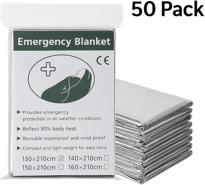 50 Pack Emergency Foil Blankets 51” x 83” – Thermal Mylar Survival Blankets Individually Wrapped for Outdoors, Camping, Hiking, First Aid, Emergency Preparedness & Homeless Outreach