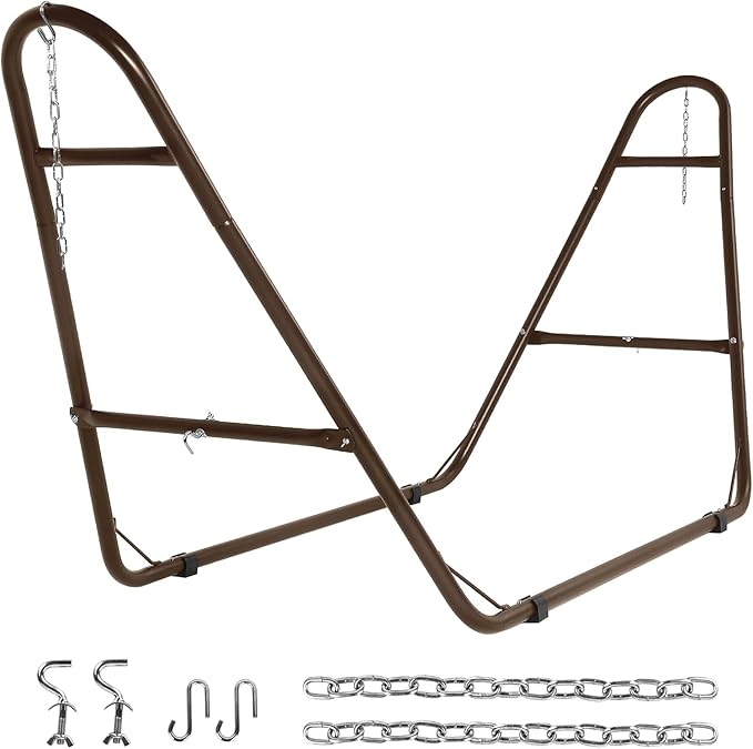 Duble Heavy Duty Steel Hammock Stand Only, 550 Pound Capacity, Portable, Easy Assembly, Adjustable for Indoor, Yard, Caping, or Outdoor, Patio(Brown)