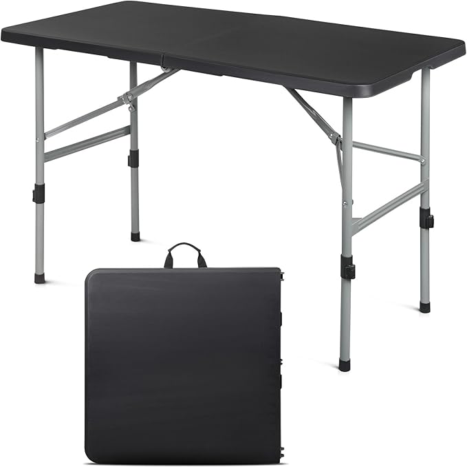 OS MOTOR 4ft Folding Table with Carry Handle, Portable Heavy Duty Plastic Utility Table with Steel Legs for Party, Wedding, Camping, Indoor, Outdoor Event, 48 Inch, Black