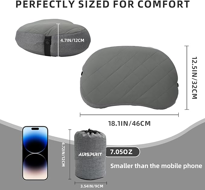 AIRSPIRIT Ultralight Camping Pillow Inflatable with Removable Washable Cover, Compact Travel Pillow for Neck Support, Hiking, Backpacking, Office, Airplane, Car & Beach - Adjustable Firmness (Grey)