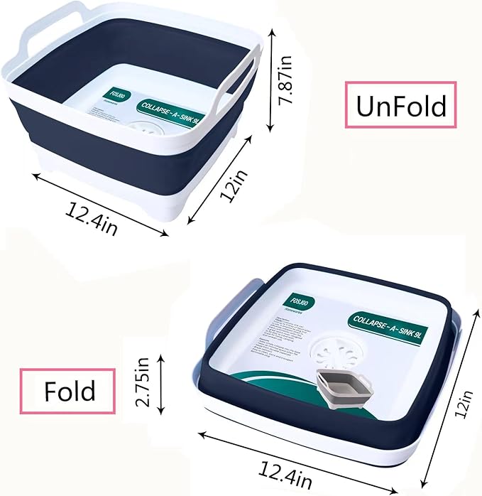 FOSJGO 2.4 Gal(9L) Collapsible Dish Basin with Drain Plug,Space Saving Multiuse Foldable Sink Tub,Dishpan,Kitchen Sink for Camping,Plastic Tub,Vegetable Washing,RV