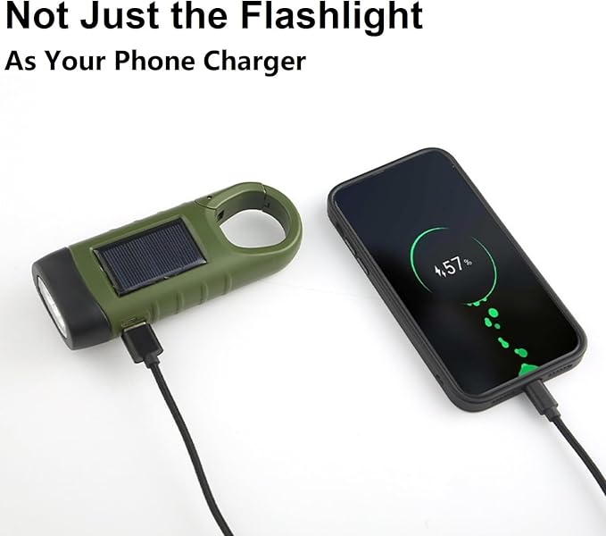Hand Crank Solar Flashlight with USB Charing, Emergency USB Rechargeable LED Flashlight,Portable Handheld LED Survival Flashlight for Camping, Outdoor, Hiking Green