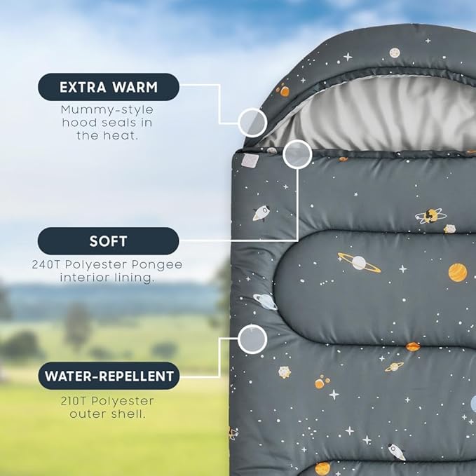 Wake In Cloud - Kids Sleeping Bag for Boys Toddlers, Camping in Warm Cold Weather, Backpacking Lightweight Compact Outdoor Liner for 3 Seasons, Galaxy Space