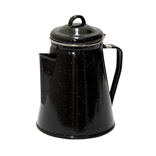 Stansport Enamel 8-Cup Percolator Coffee Pot and 4-Mug Set - Heavy-Duty Campfire Coffee Maker with 12oz Mugs - Percolator Stem Included - Double Baked Enamelware for Camping, Hiking, RV & Cabin