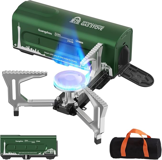 INFOOD Portable Butane Gas Camping Stove - 7500 BTU Compact Folding Design with Carry Bag for Backpacking, RV Trips, Picnic & Outdoor Indoor Cooking, Green