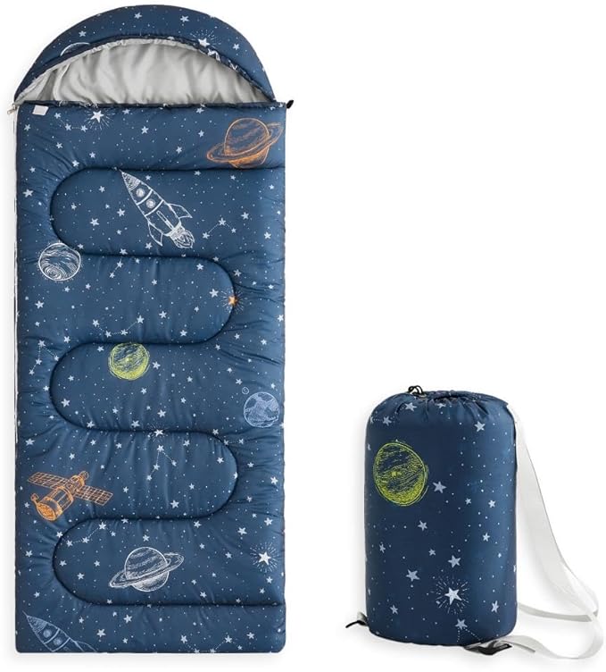 Wake In Cloud - Kids Sleeping Bag for Boys Toddlers, Camping in Warm Cold Weather, Backpacking Lightweight Compact Outdoor Liner for 3 Seasons, Space Stars Rockets Galaxy