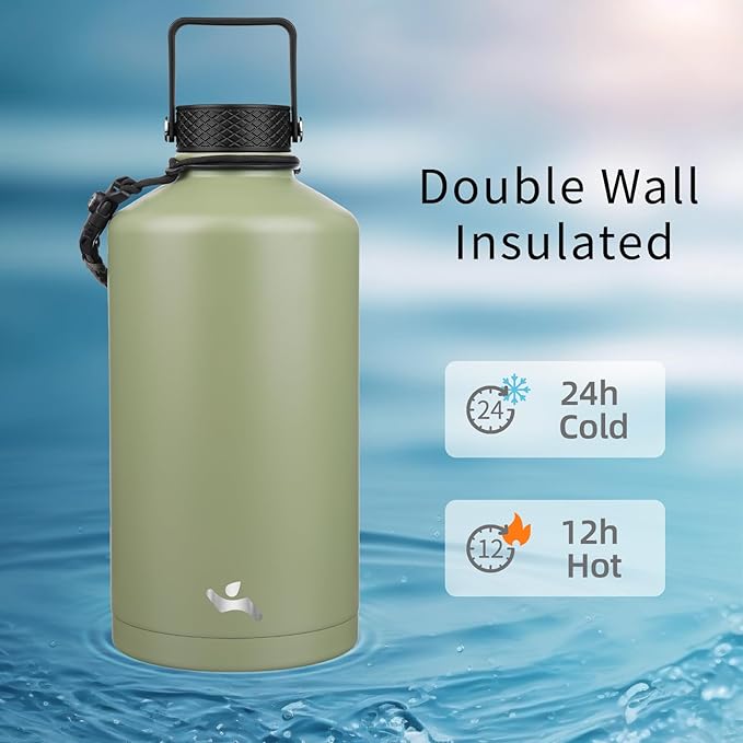 Konokyo Gallon Insulated Water Bottle with Straw,128 oz 3 Lids Water Jug with Carrying Bag,Paracord Handle, Double Wall Vacuum Stainless Steel Metal Flask,Camp Green