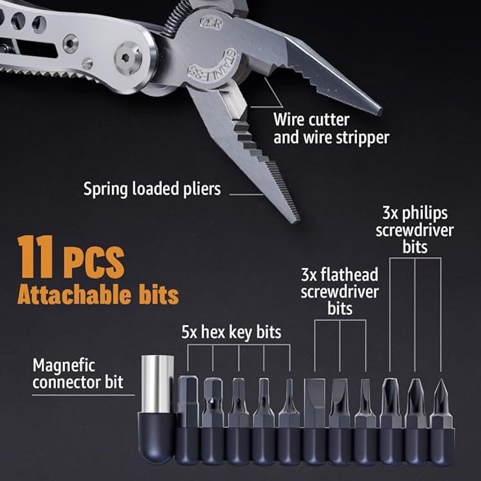 24-in-1 Multitool with Knife, Pliers & 11 Bits Sharp Stainless Steel - Multi Tool for Men - Ideal Gear with Tools for Camping Hiking, Survival, EDC - Best Gifts for Husband Boyfriend 2238