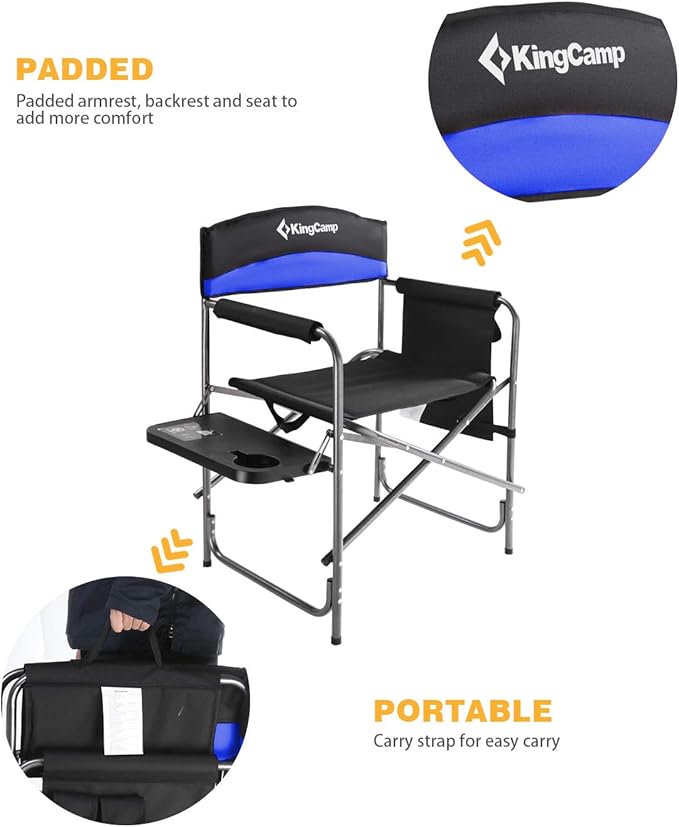 KingCamp Portable Camping Chair, Folding Directors Chair Compact Outdoor Chair with Side Table Cup Holder for Beach Trip Tailgating Lawn Sports Backpacking Fishing Picnic, Blue