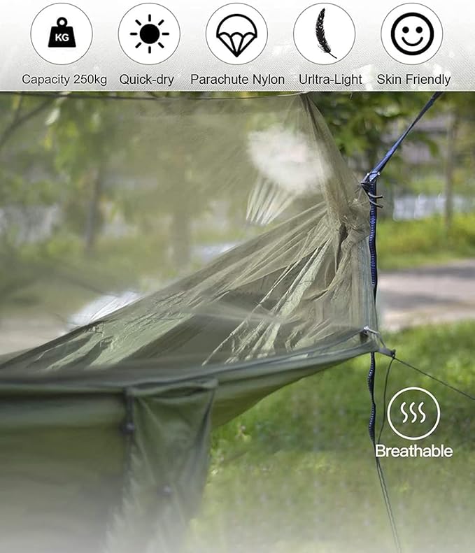 Fotgear Camping Hammock with Mosquito Net - Ultra Lightweight Durable Double/Single Travel Hammock 210T Parachute Nylon with Tree Straps 660lbs Capacity for Garden Camping Backpacking, Camo